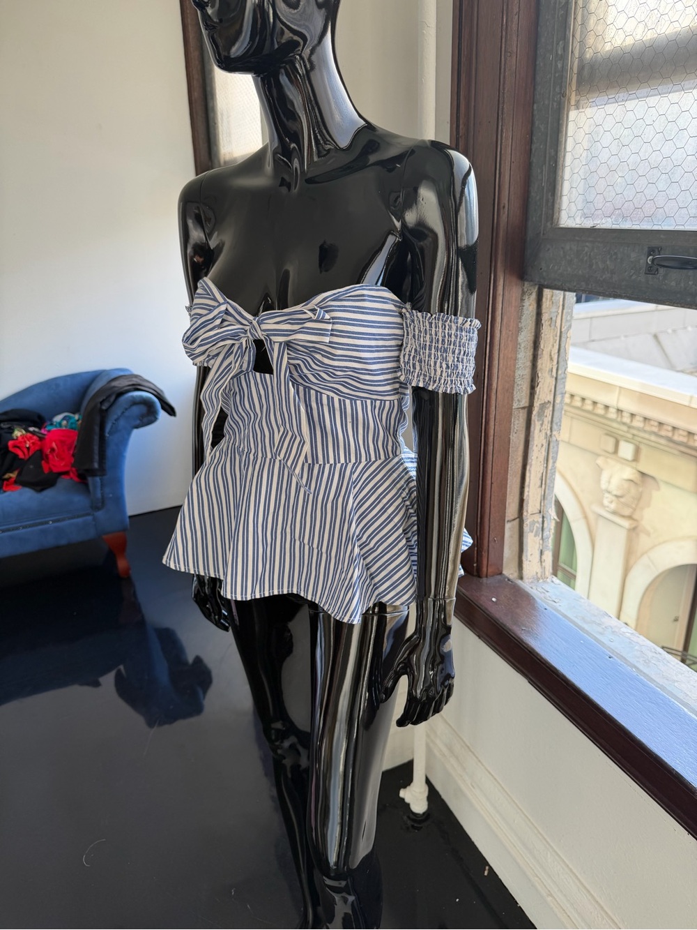 bebe Blue and White Striped Off-Shoulder Tie-Front Peplum Camisole